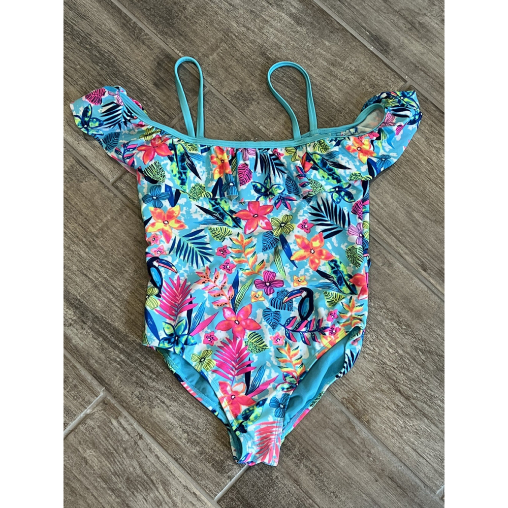 Wonder Nation Blue Floral Toucan Ruffle‎ Swimsuit One Piece Tropical Girls 7/8